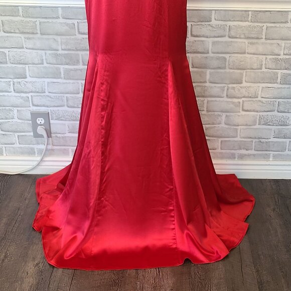 Red Satin Mermaid Rosette Halter Maxi Dress w/ Train Glam Party Dance NEW Medium - Picture 4 of 11